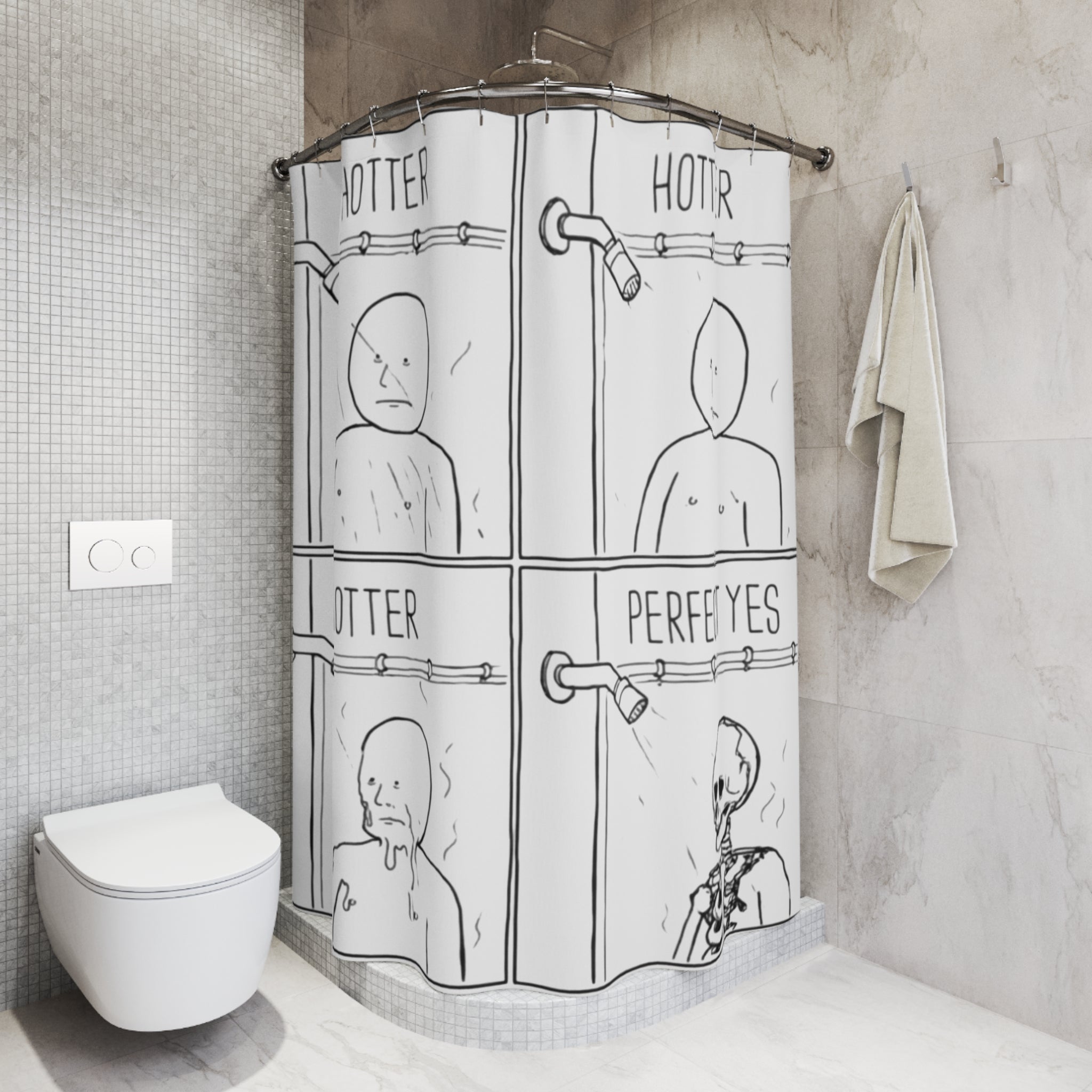 Shower Curtain — 'Hotter, Hotter, Perfect Yes' Comic Skeleton Bathroom Curtain