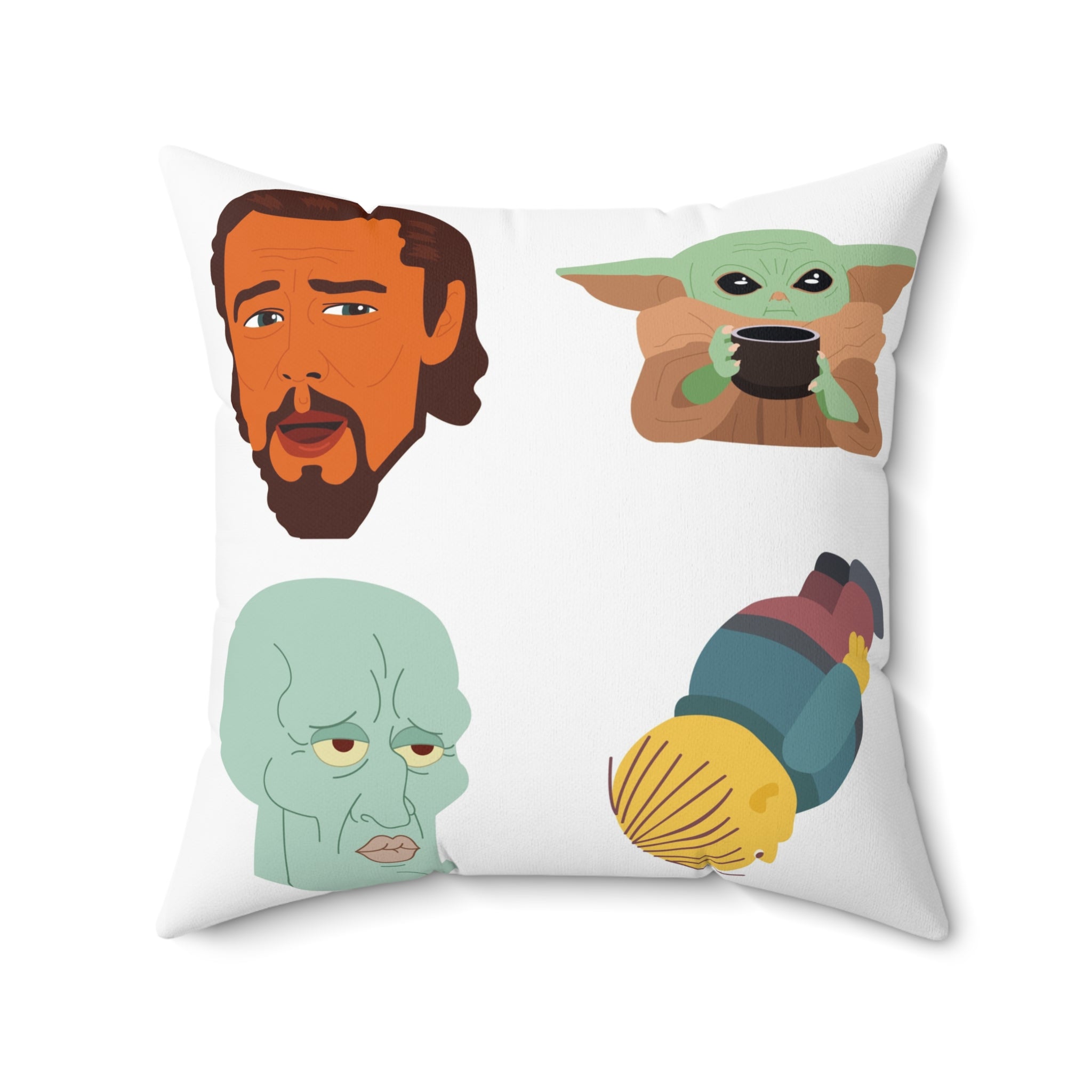 Meme Faces Pillow — Baby Yoda, Boba Fett & Simpsons Iconic Faces Decorative Throw Pillow