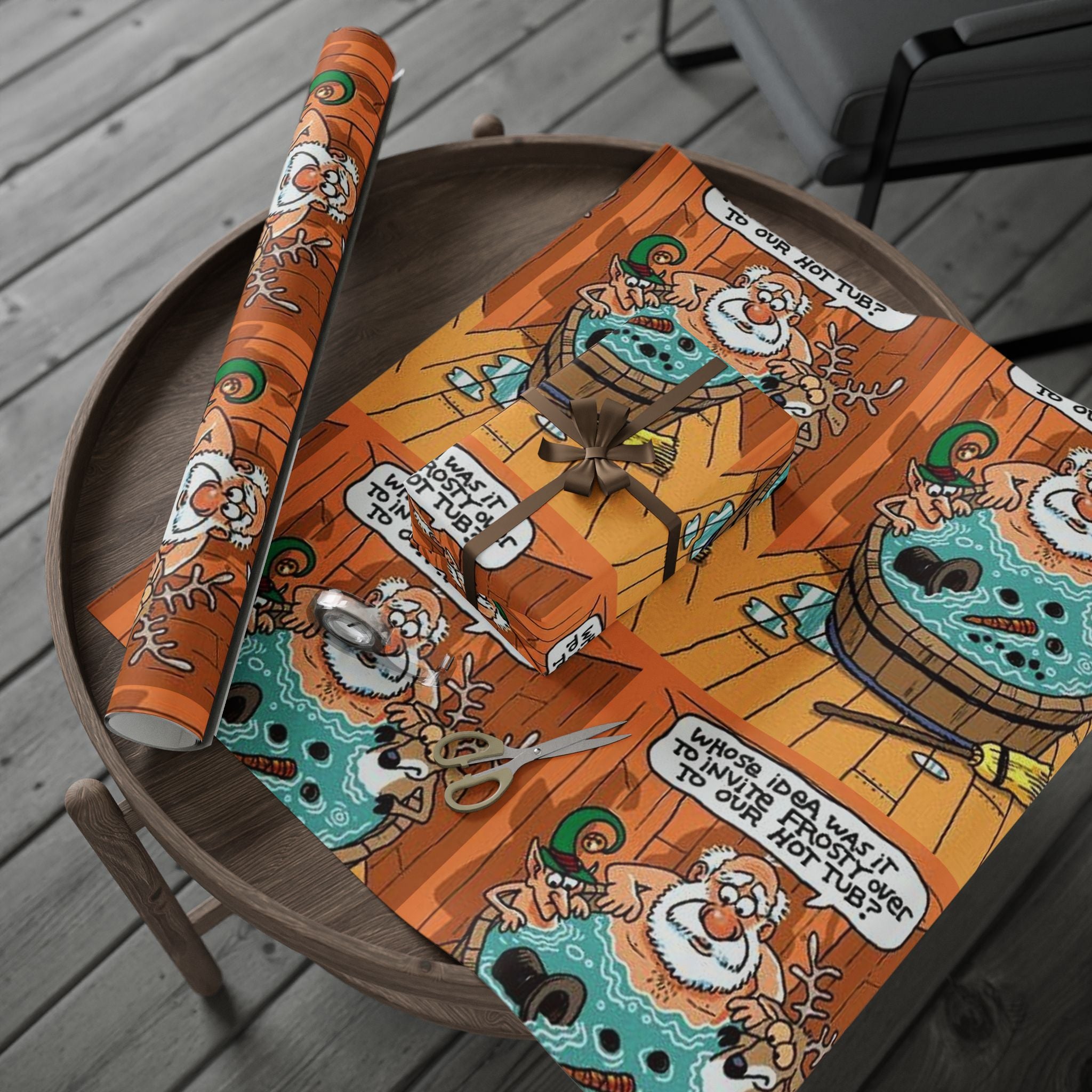 Wrapping Paper - Frosty the Snowman and Santa hot tub Holiday Theme