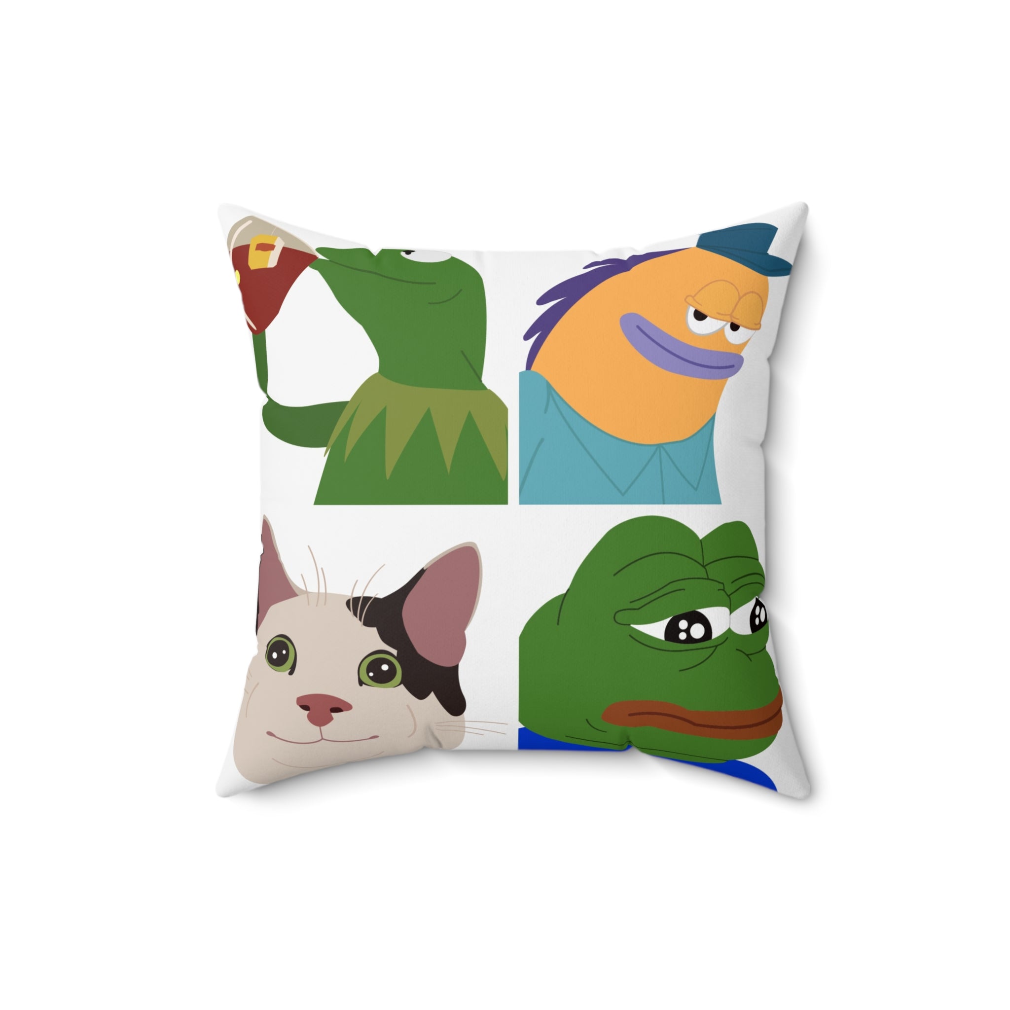 Meme Faces Collage Square Pillow — Cute Kermit, Pepe & Cat Collage Decorative Throw Pillow