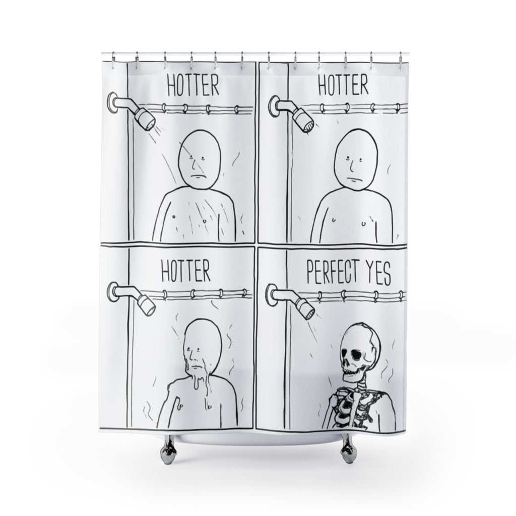 Shower Curtain — 'Hotter, Hotter, Perfect Yes' Comic Skeleton Bathroom Curtain