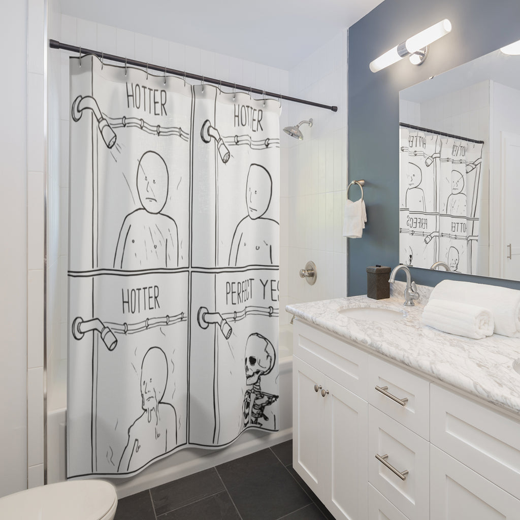 Shower Curtain — 'Hotter, Hotter, Perfect Yes' Comic Skeleton Bathroom Curtain