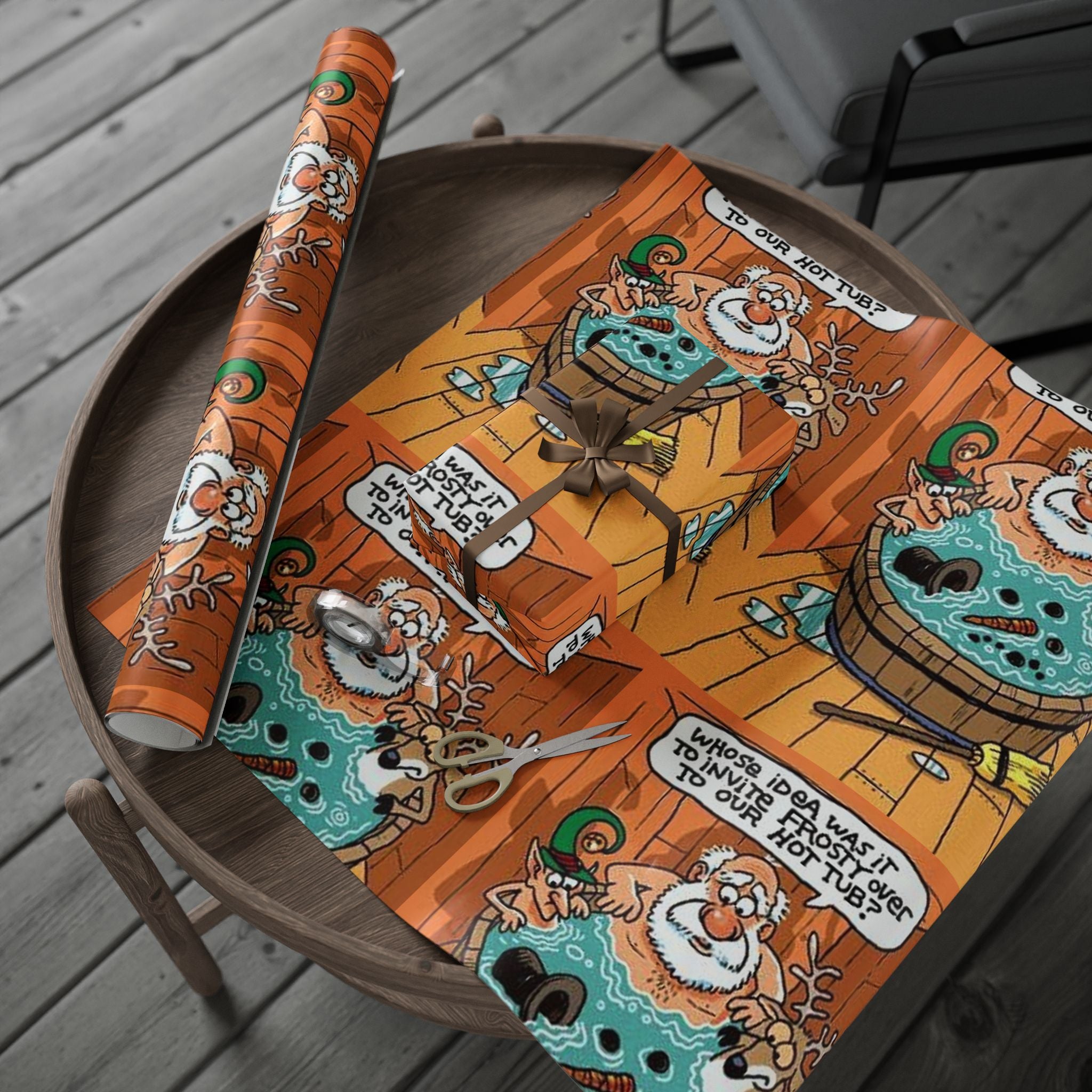 Wrapping Paper - Frosty the Snowman and Santa hot tub Holiday Theme