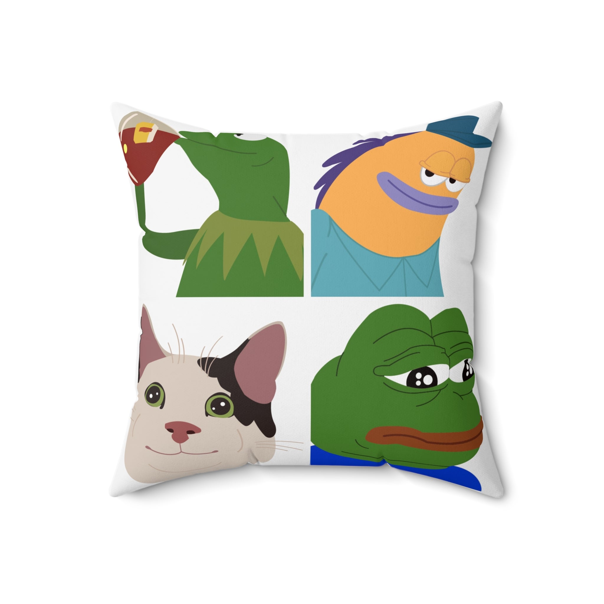 Meme Faces Collage Square Pillow — Cute Kermit, Pepe & Cat Collage Decorative Throw Pillow