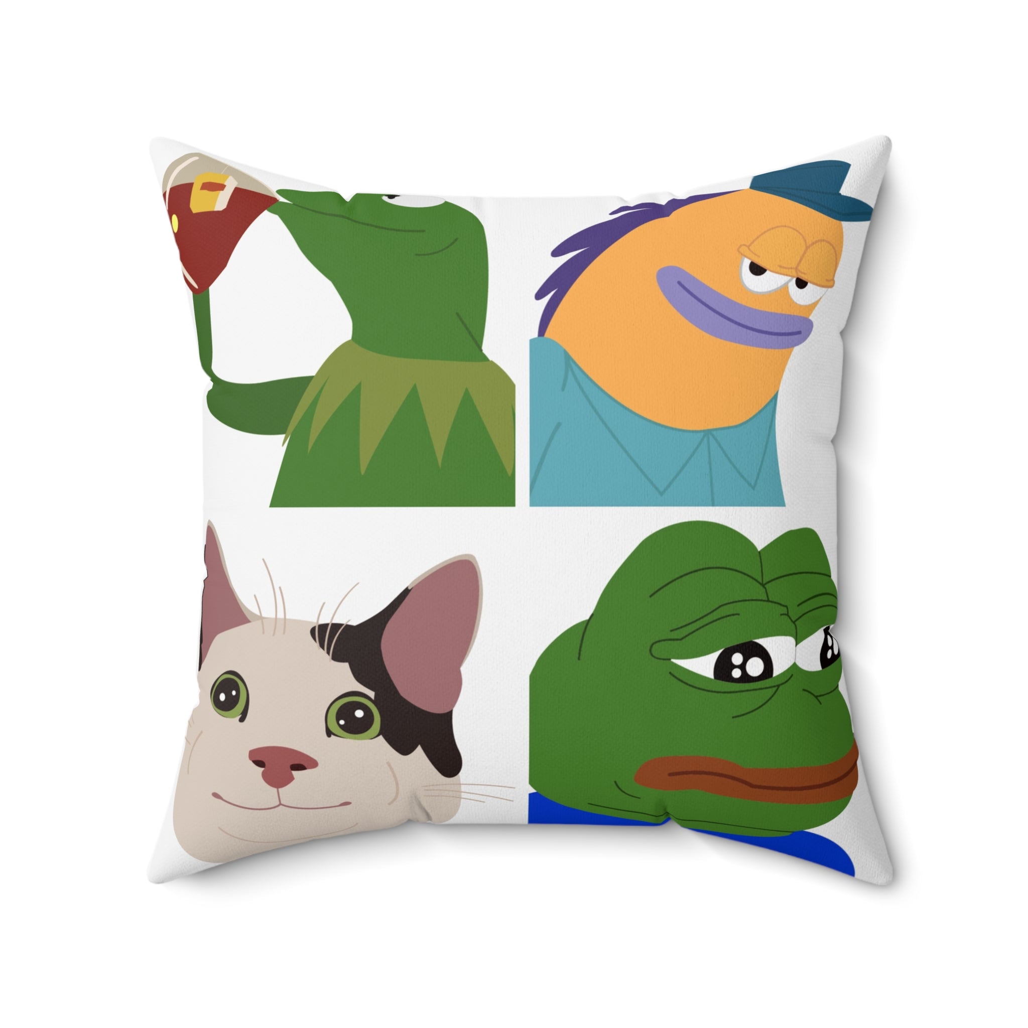 Meme Faces Collage Square Pillow — Cute Kermit, Pepe & Cat Collage Decorative Throw Pillow