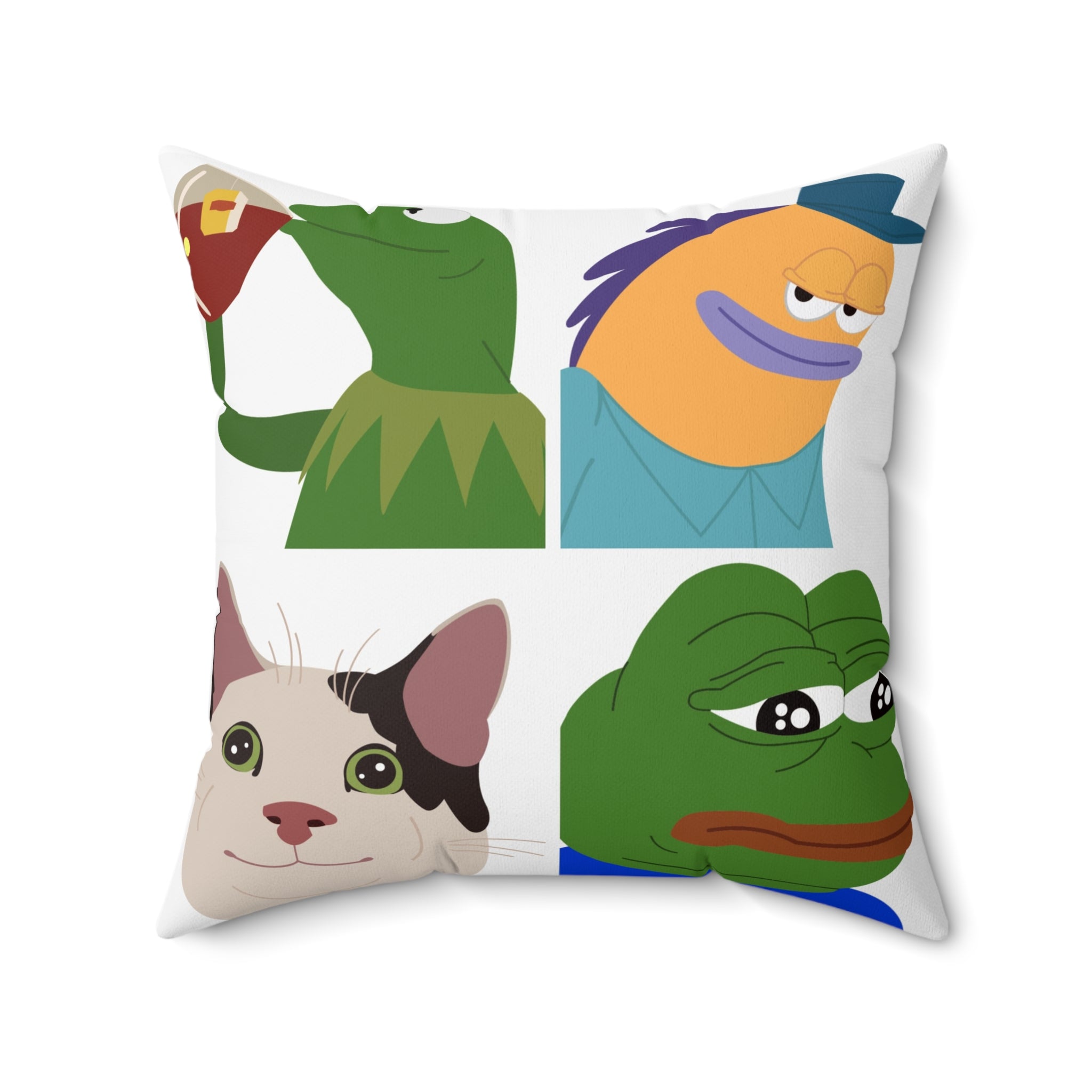 Meme Faces Collage Square Pillow — Cute Kermit, Pepe & Cat Collage Decorative Throw Pillow